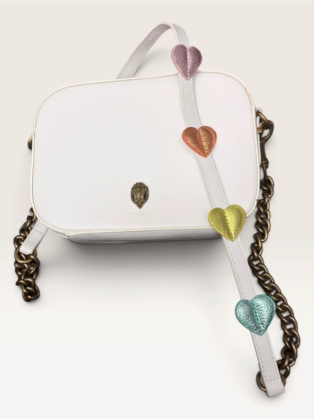 Kurt Geiger RARE White Shoreditch Leather Crossbody with Multicolor Heart Strap